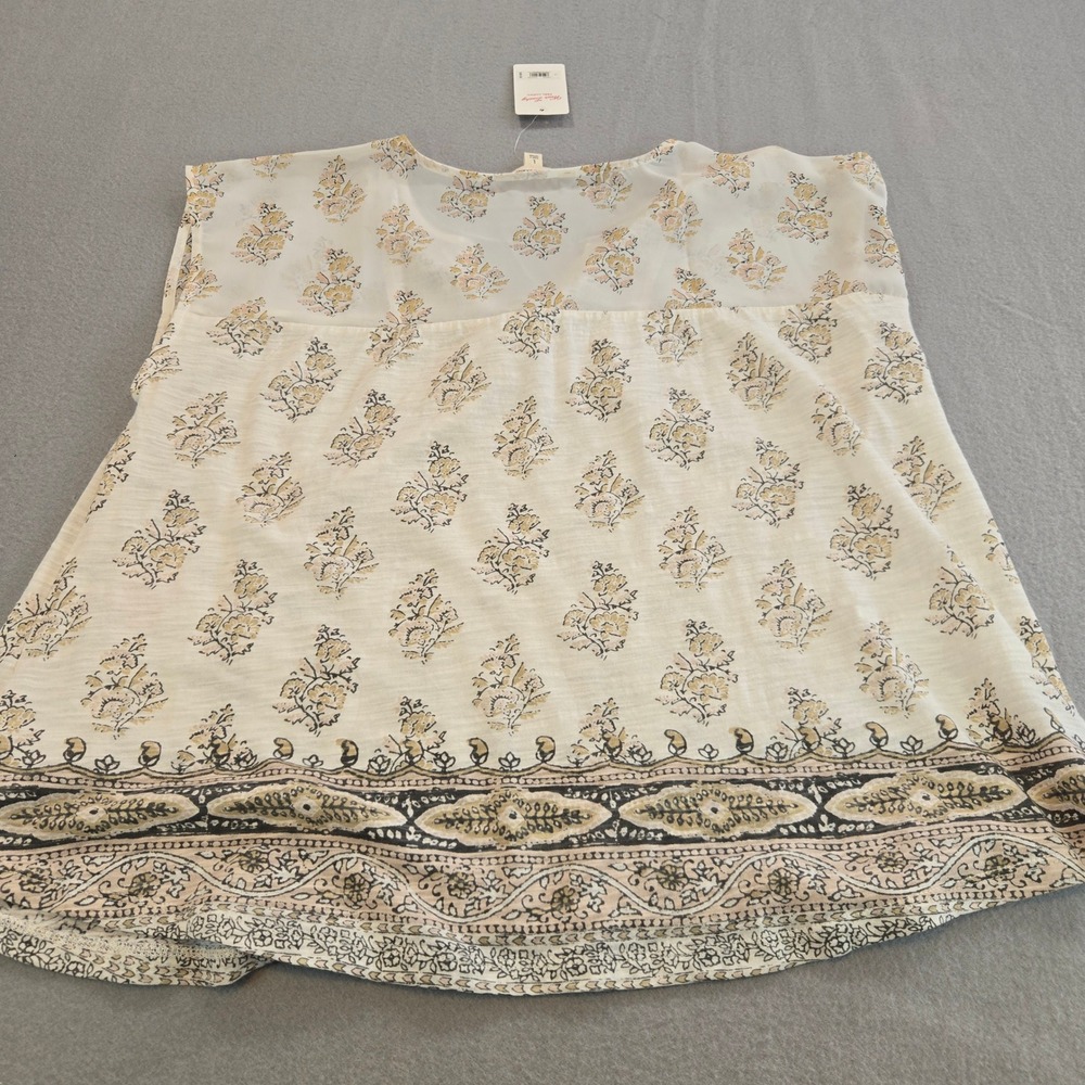 Lucky Brand Womens Floral Print Mixed Media Cap Sleeve Top Cream Large NWT - Picture 3 of 6